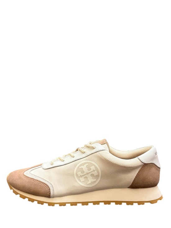 TORY BURCH - IVORY TAUPE SUEDE NYLON ANNIE RUNNER SNEAKERS - Picture 4 of 10